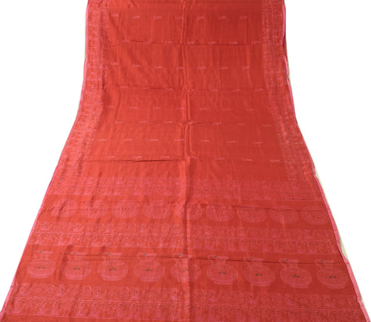 Sushila Vintage Red Saree 100 Pure Silk Woven Sari 5 Yard Indian Craft Fabric