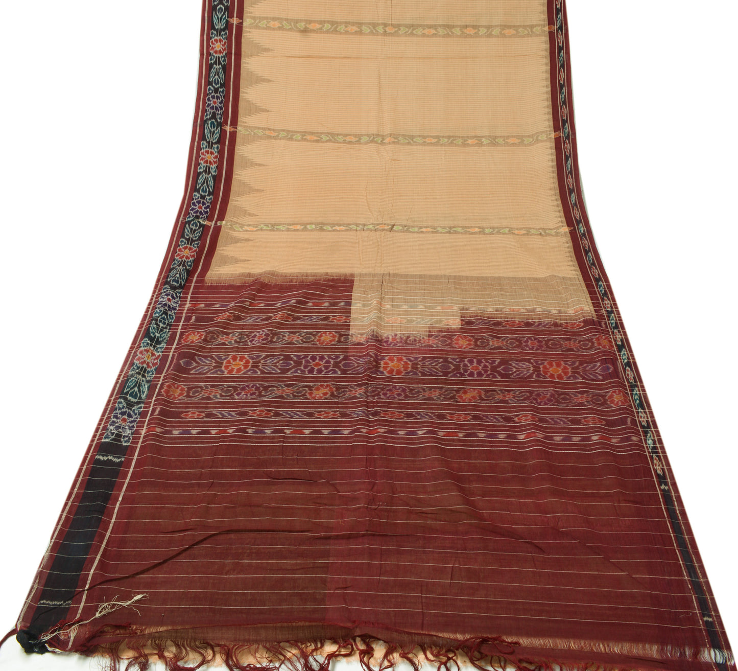 Sushila Vintage Brown Saree 100% Pure Cotton Hand Woven Ikkat Patola Sari Fabric