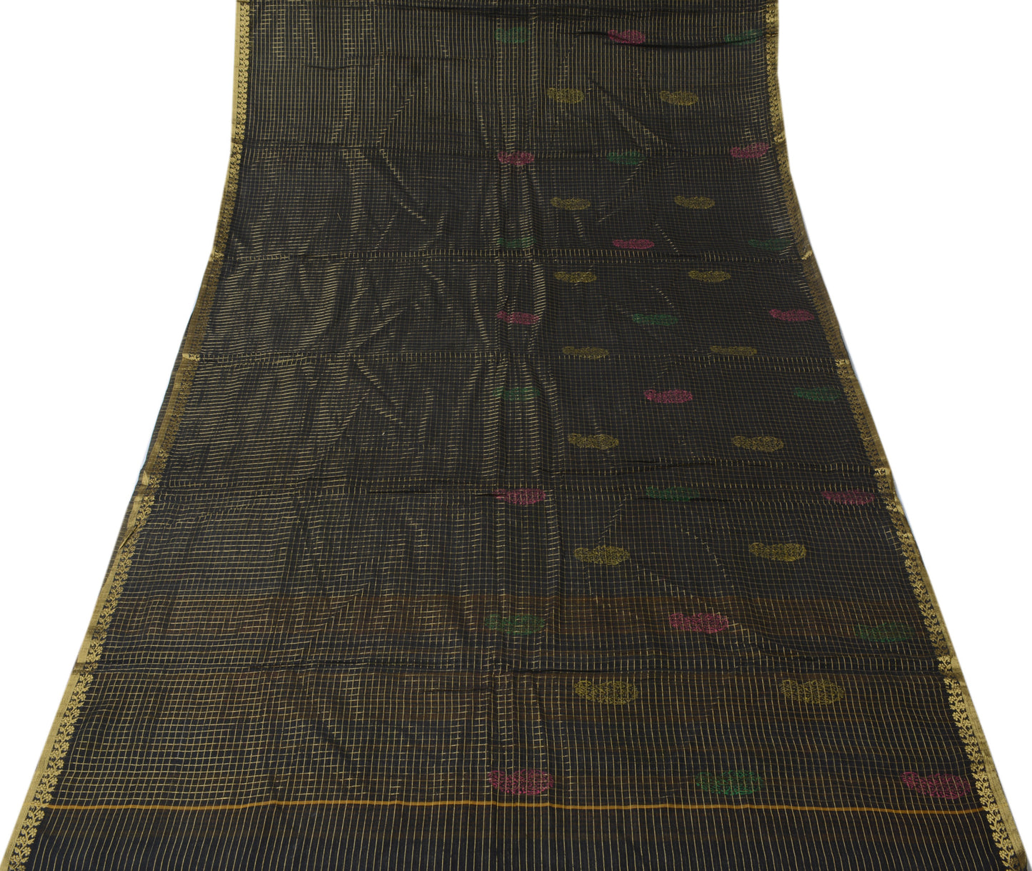 Sushila Vintage Black Saree Pure Cotton Zari Woven Printed Sari Sheer Fabric