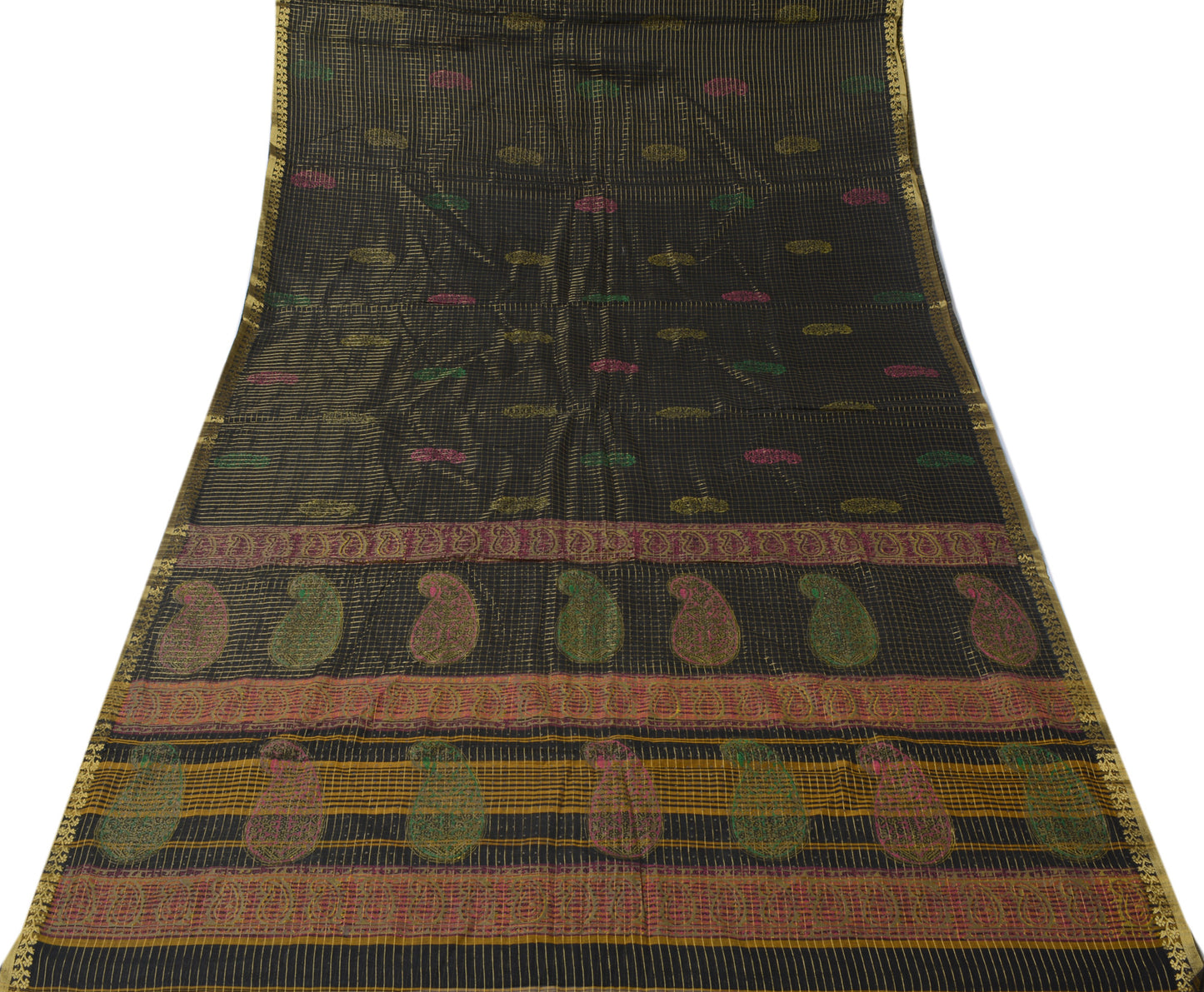 Sushila Vintage Black Saree Pure Cotton Zari Woven Printed Sari Sheer Fabric