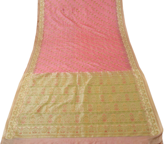 Sushila Vintage Peach Indian Saree Pure Silk Woven Embroidered Sari Fabric