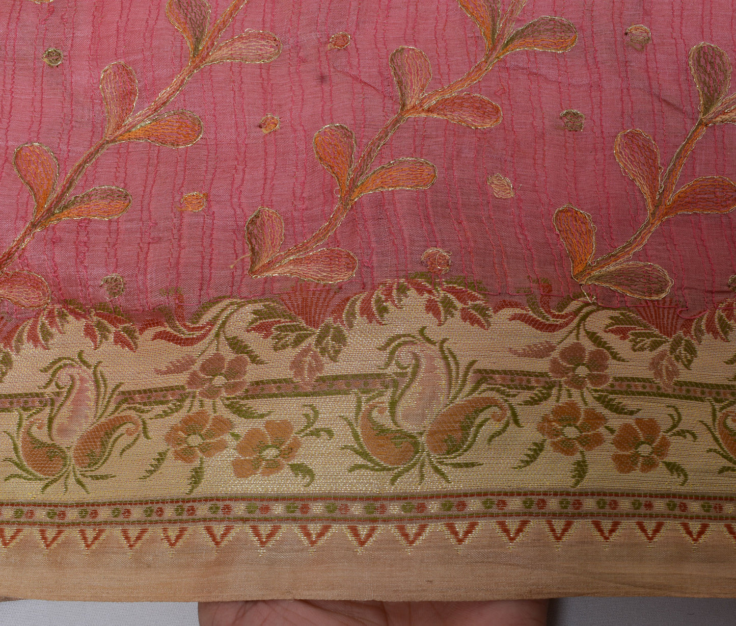 Sushila Vintage Peach Indian Saree Pure Silk Woven Embroidered Sari Fabric