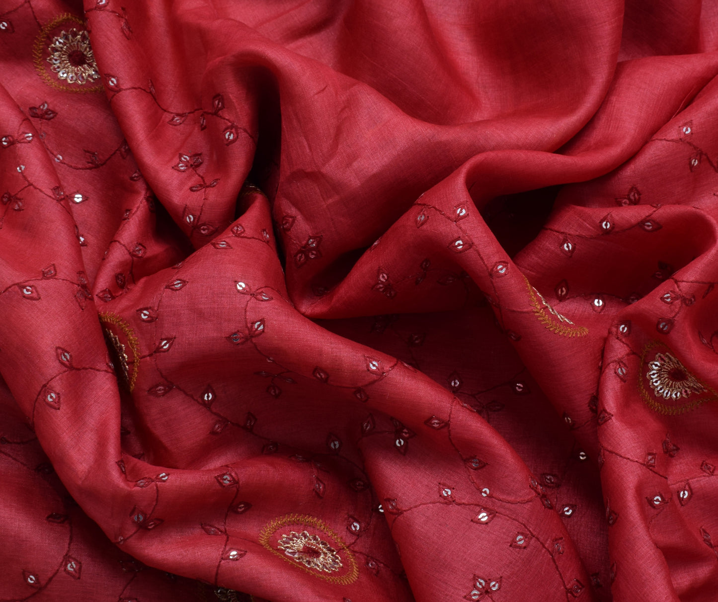 Sushila Vintage Red Indian Saree Pure Silk Beaded Embroidered Floral Sari Fabric