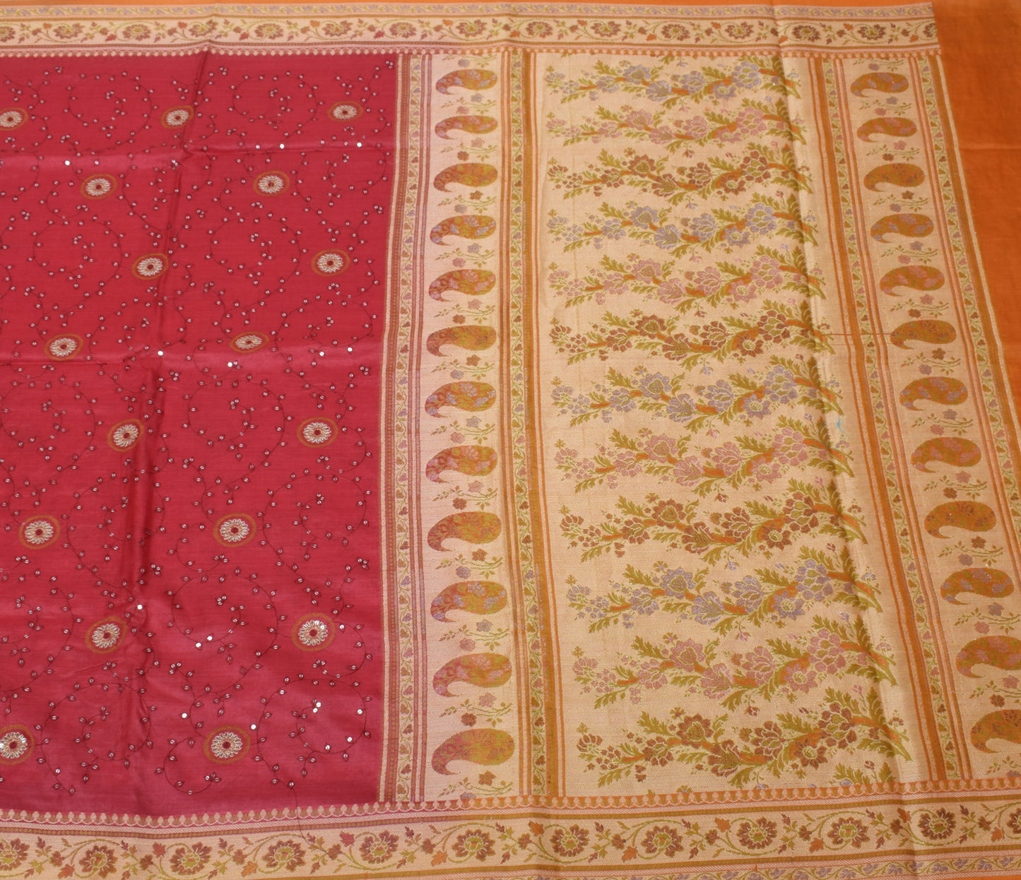 Sushila Vintage Red Indian Saree Pure Silk Beaded Embroidered Floral Sari Fabric