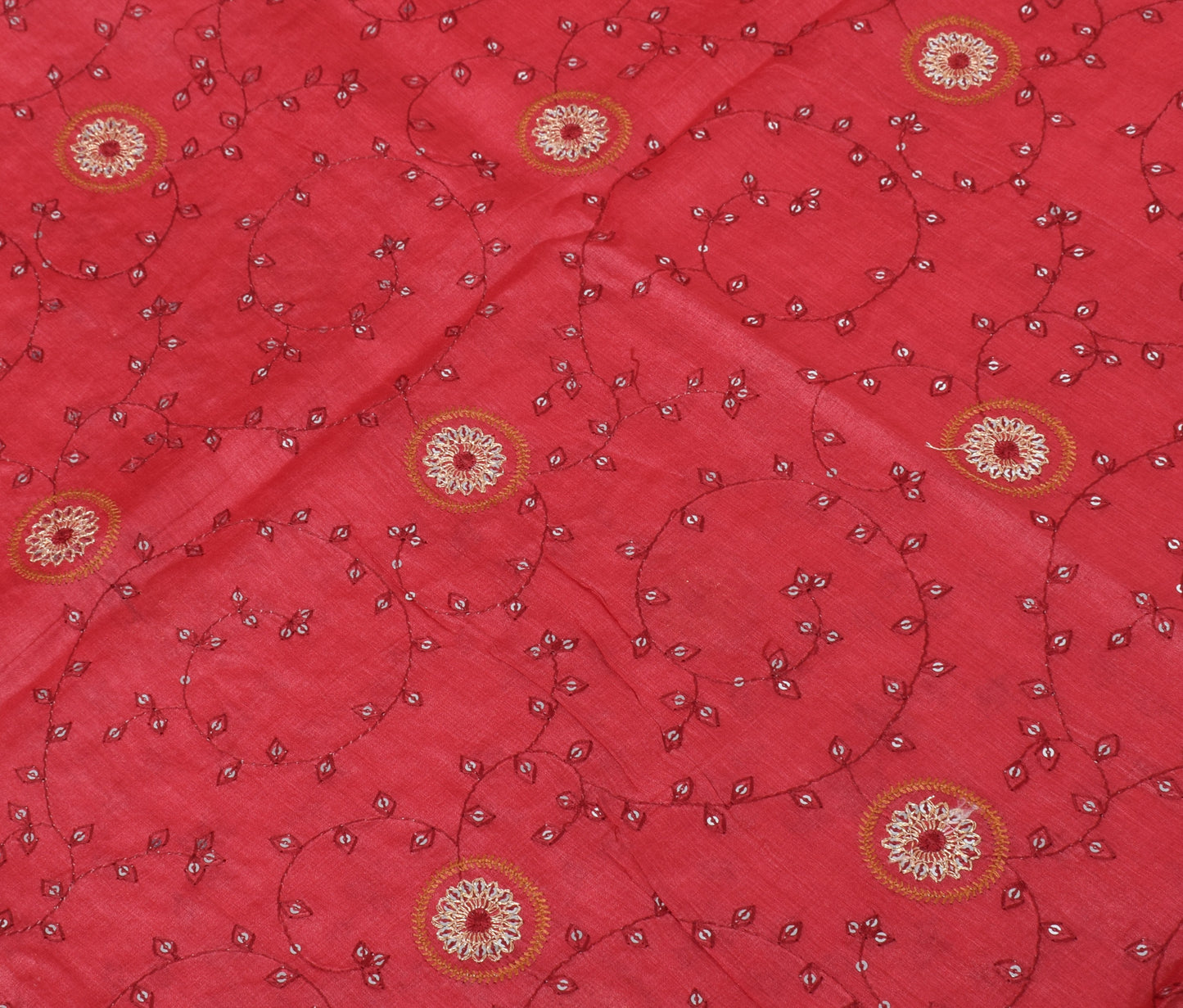 Sushila Vintage Red Indian Saree Pure Silk Beaded Embroidered Floral Sari Fabric