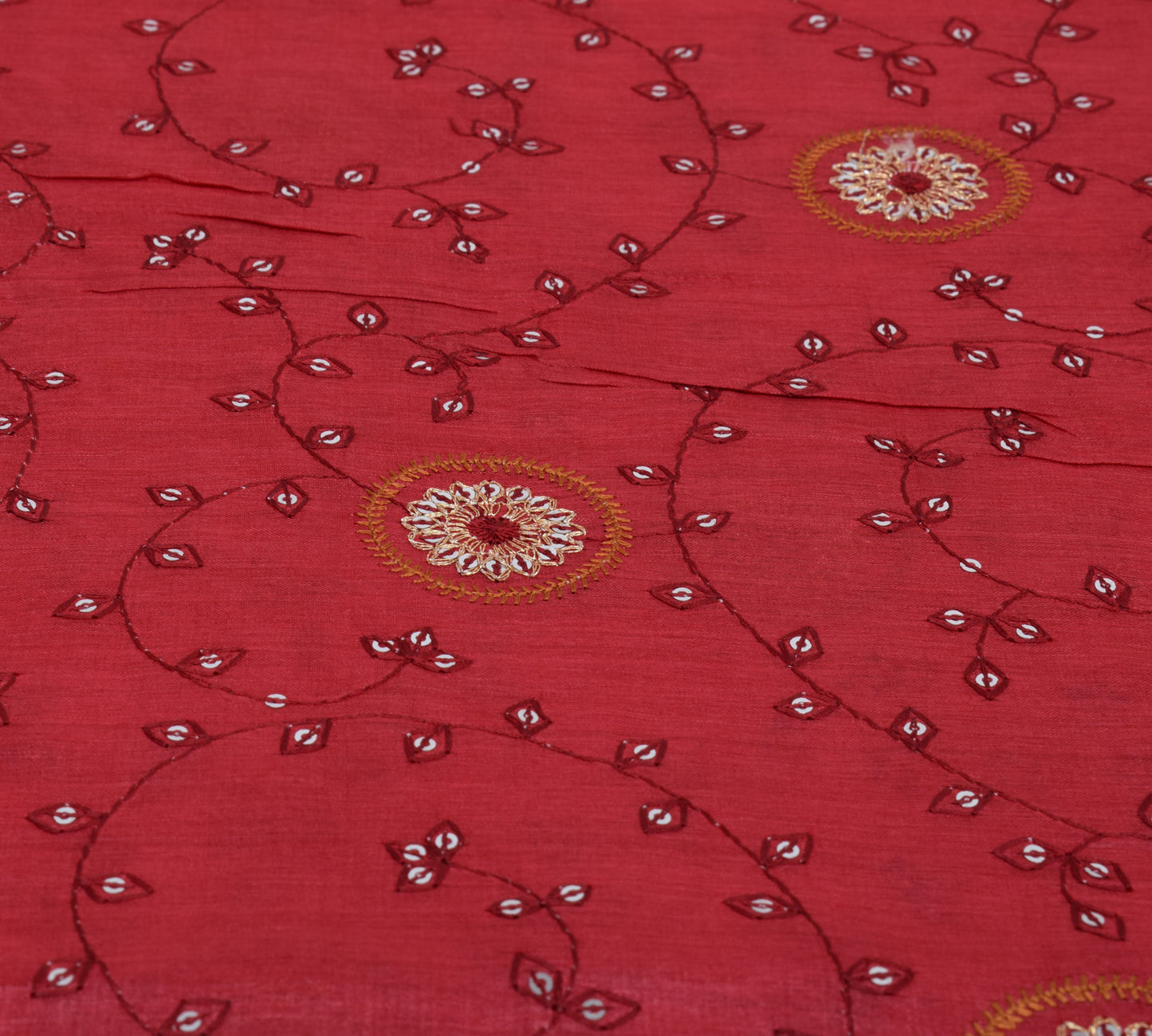 Sushila Vintage Red Indian Saree Pure Silk Beaded Embroidered Floral Sari Fabric