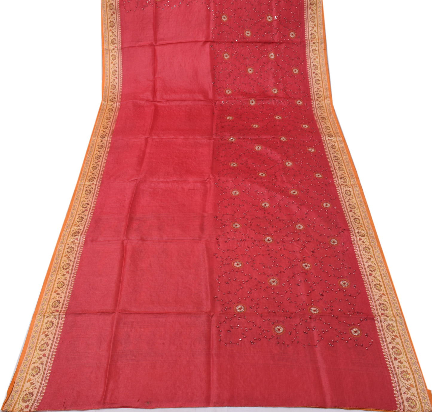 Sushila Vintage Red Indian Saree Pure Silk Beaded Embroidered Floral Sari Fabric