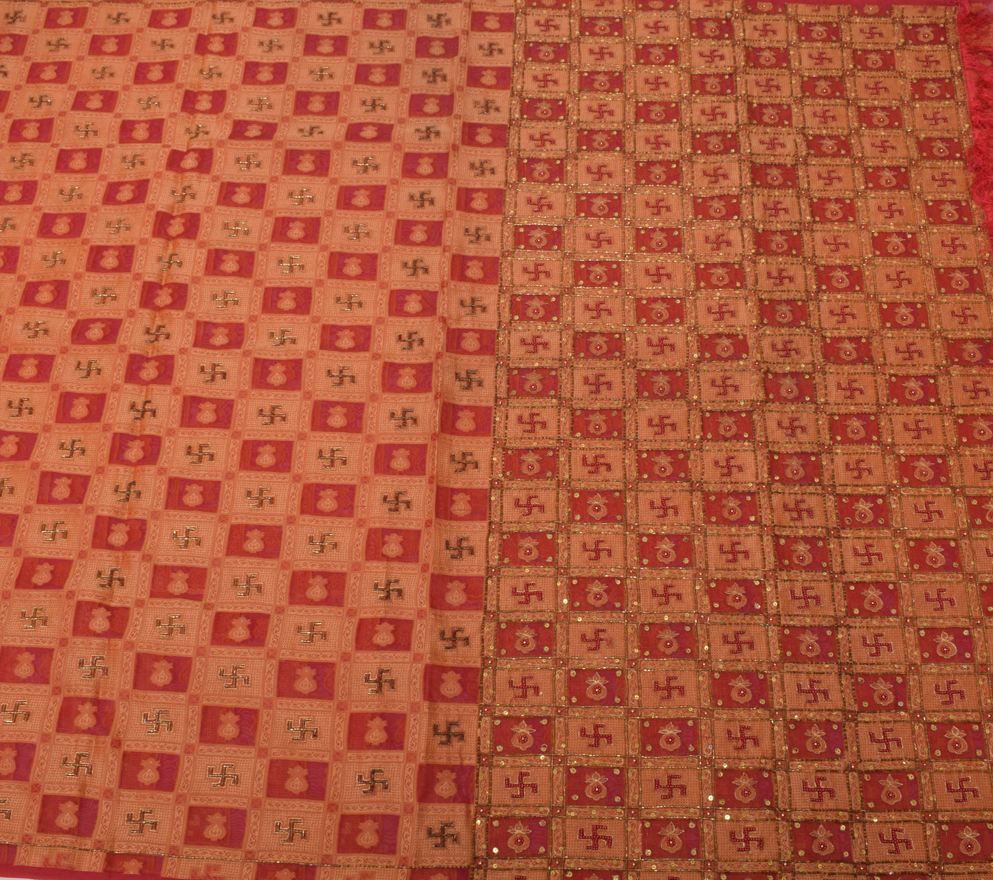 Sushila Vintage Red Saree Blend Organza Silk Woven Embroidered Beaded 5YD Fabric