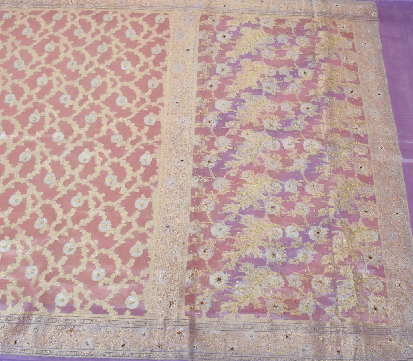 Sushila Vintage HEAVY Saree Blend tissue Silk Zari Woven Hand Beaded Sari Fabric