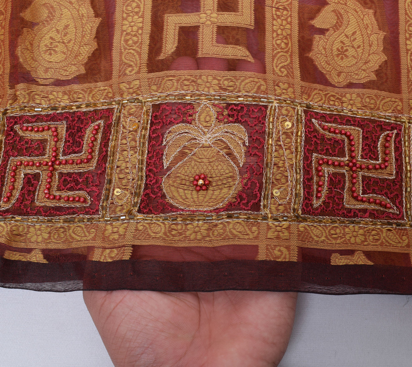 Sushila Vintage Maroon Saree Pure Organza Silk Beaded Embroidered Sari Fabric