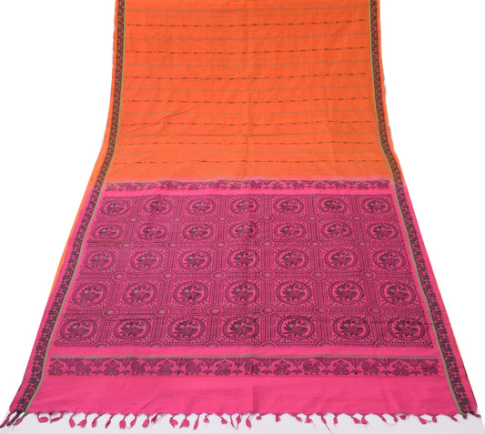 Sushila Vintage Orange Indian Saree Pure Cotton Woven Peacock Sari Craft Fabric