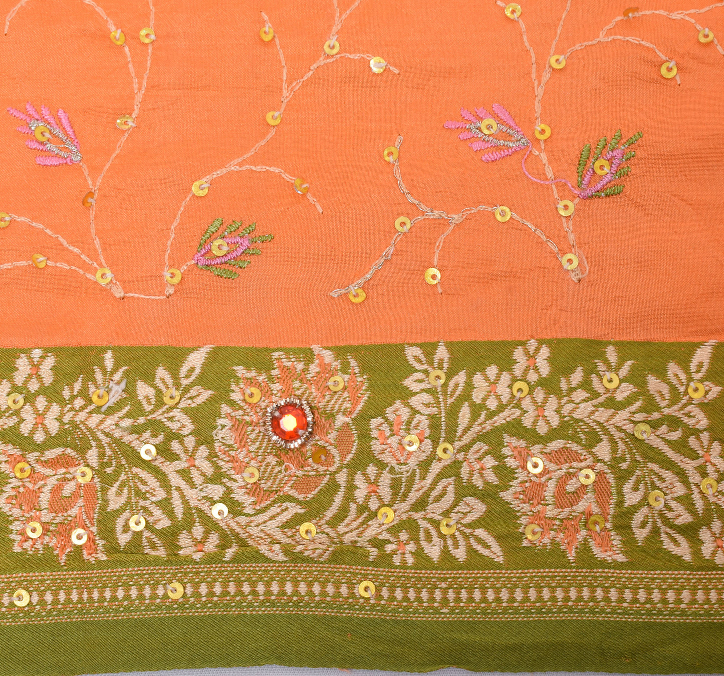 Sushila Vintage Peach Sari Pure Silk Hand Beaded & Embroidered Floral Fabric