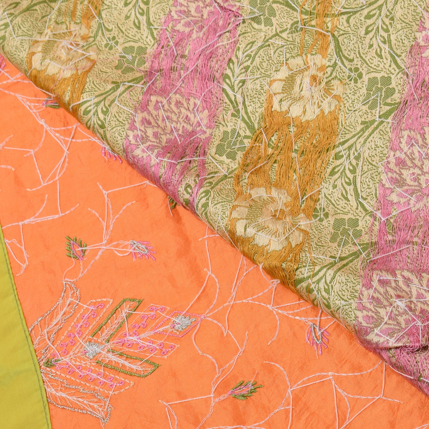 Sushila Vintage Peach Sari Pure Silk Hand Beaded & Embroidered Floral Fabric