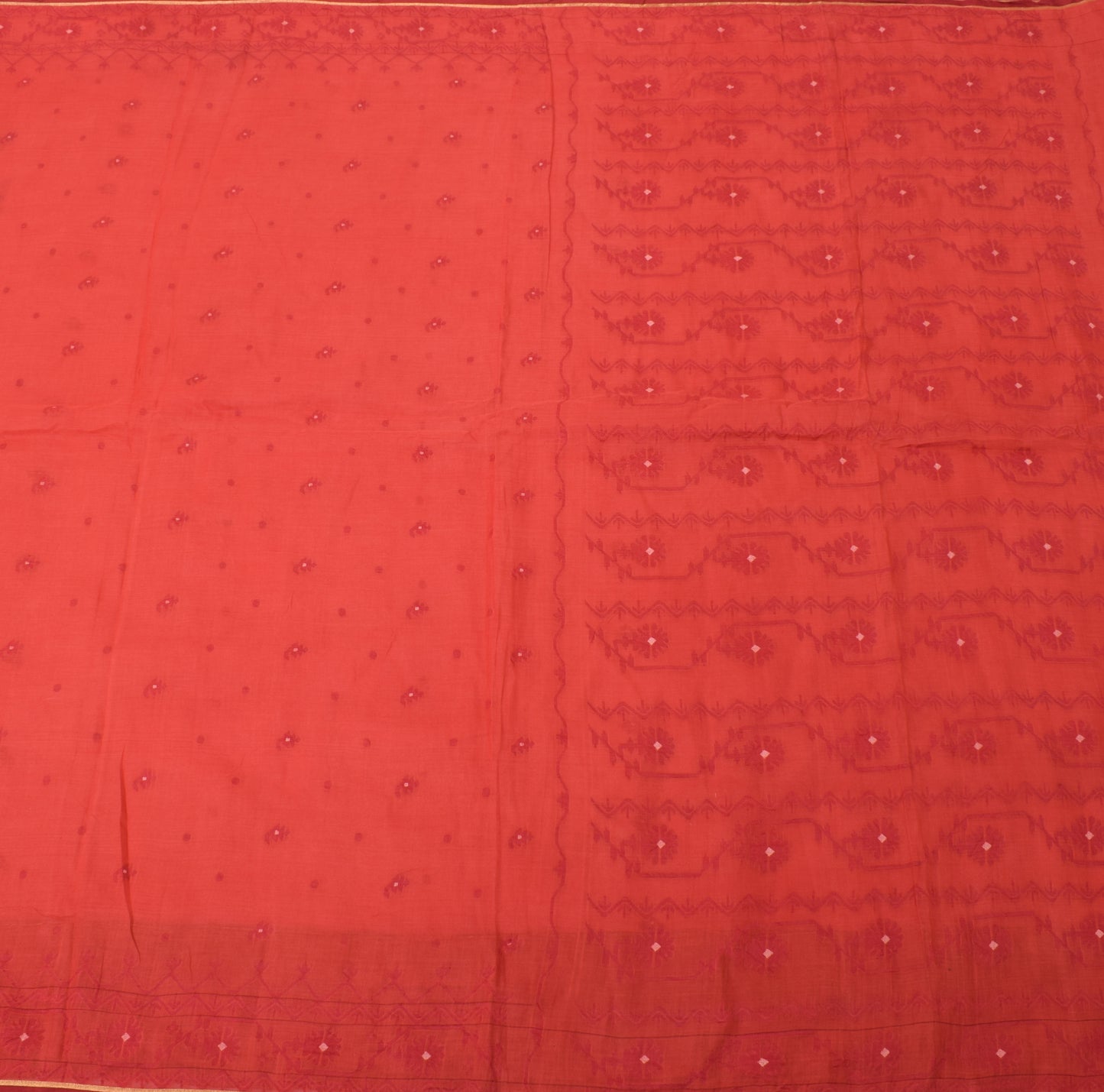Sushila Vintage Red  Indian Saree 100% Pure Cotton Woven Floral Craft Fabric
