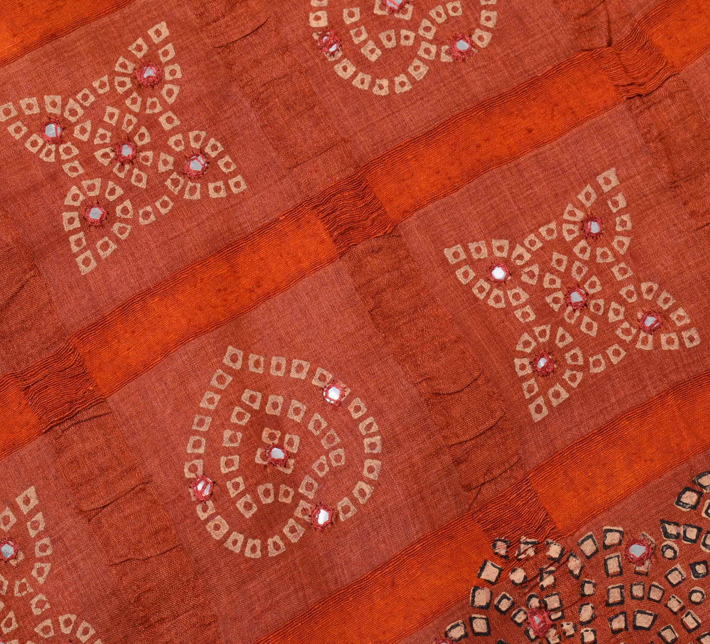 Sushila Vintage Rust Saree Pure Silk Printed Mirror Work Bandhani Sari Fabric