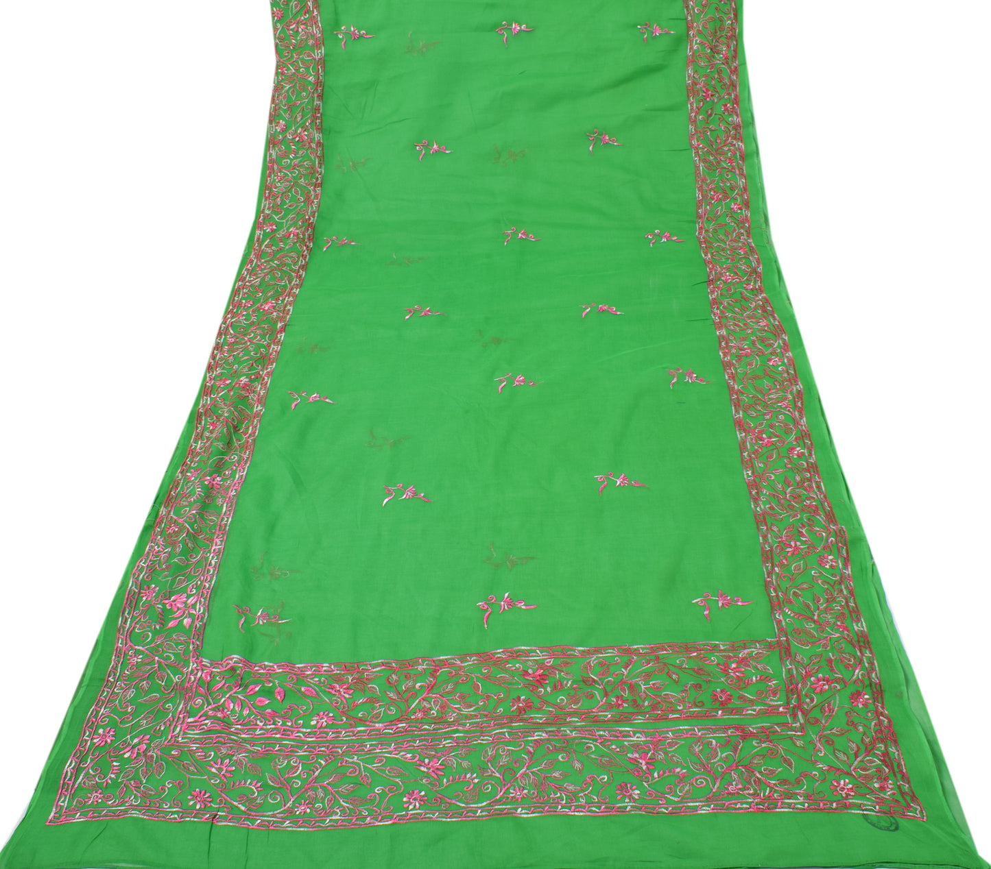 Sushila Vintage Green Indian Saree Pure Cotton Embroidered Floral Sari Fabric