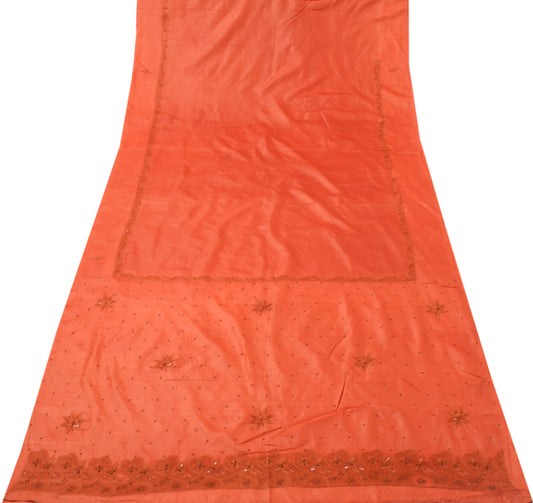 Sushila Vintage Rusty Orange Saree Puree Silk Embroidered Floral Sari Fabric