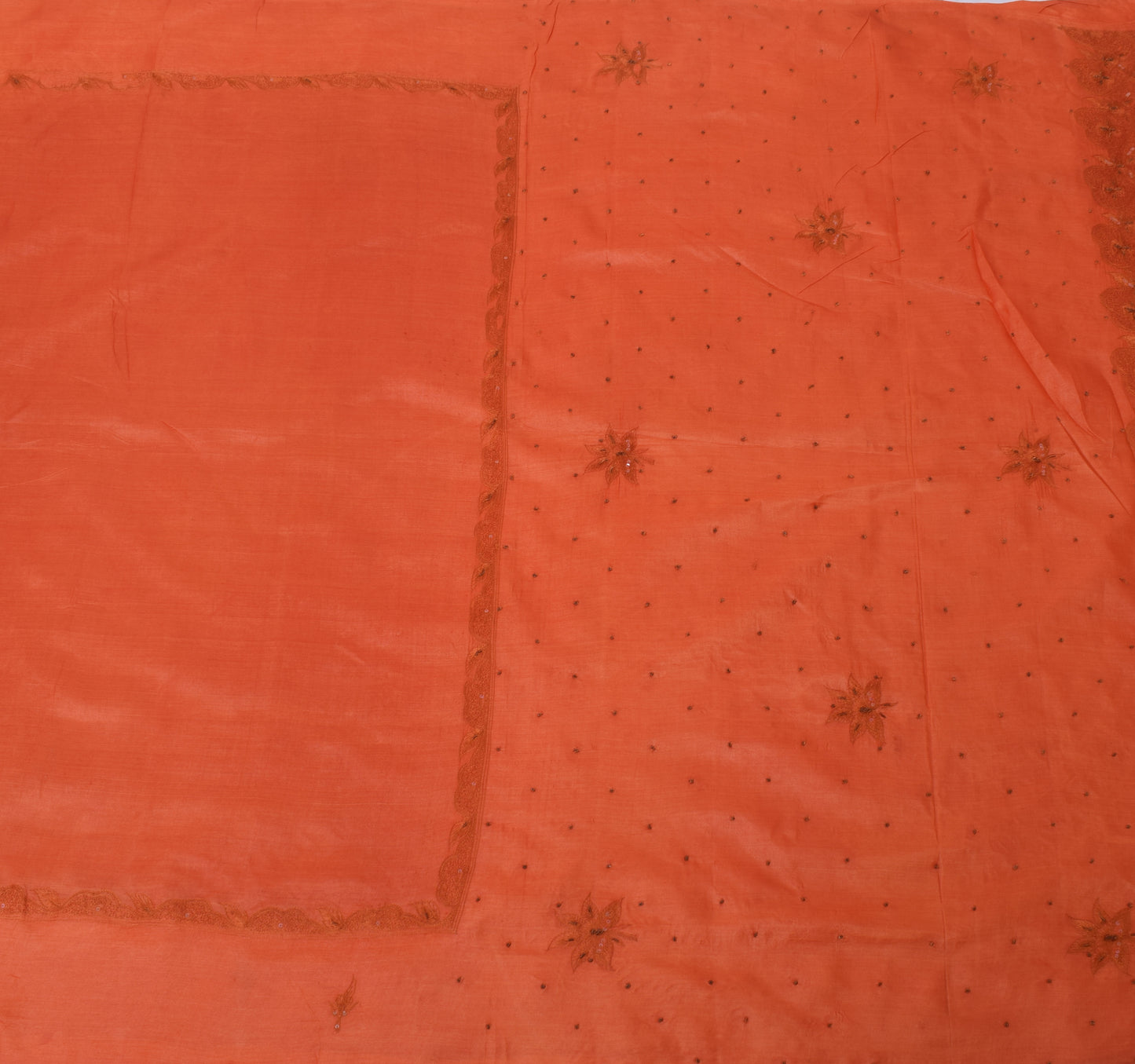 Sushila Vintage Rusty Orange Saree Puree Silk Embroidered Floral Sari Fabric