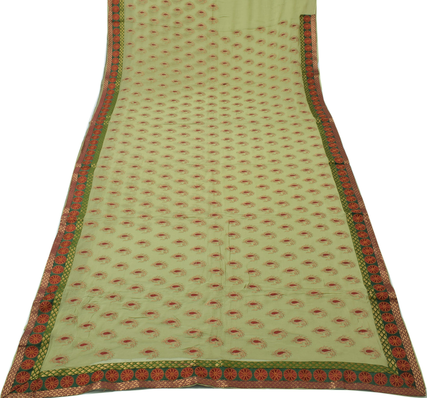 Sushila Vintage Green Saree 100% Pure Georgette Silk Embroidered 5YD Sari Fabric