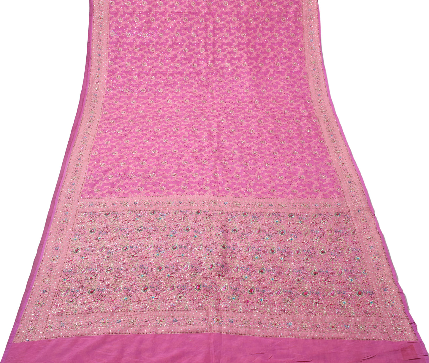 Sushila Vintage Pink Saree Pure Silk Hand Beaded Embroidered Woven Sari Fabric