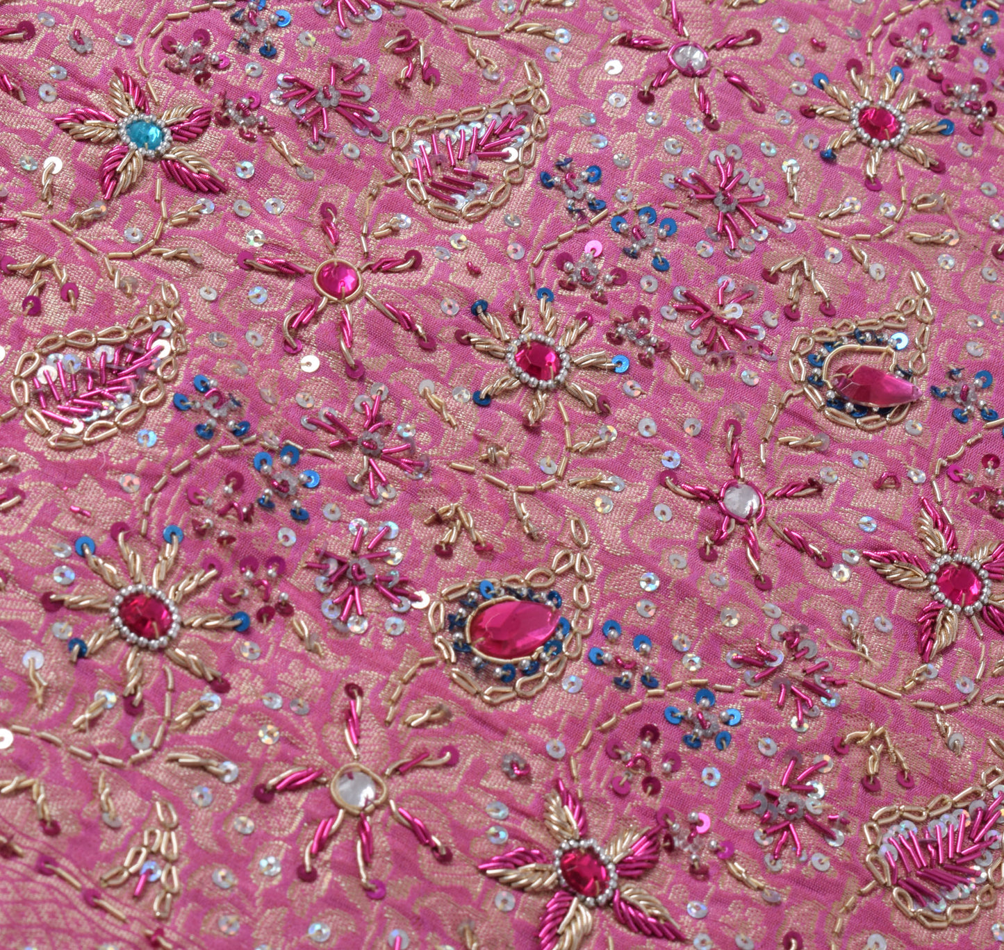 Sushila Vintage Pink Saree Pure Silk Hand Beaded Embroidered Woven Sari Fabric