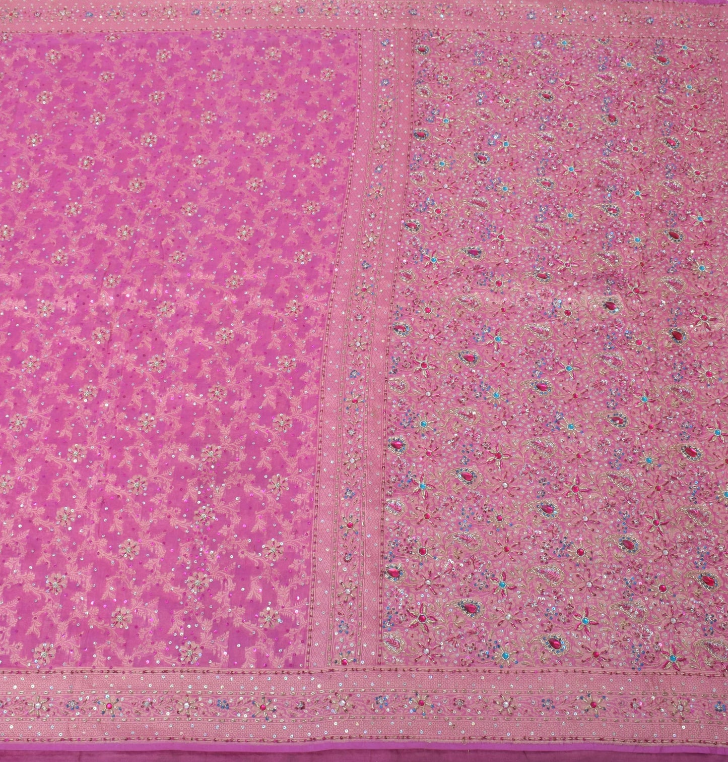 Sushila Vintage Pink Saree Pure Silk Hand Beaded Embroidered Woven Sari Fabric