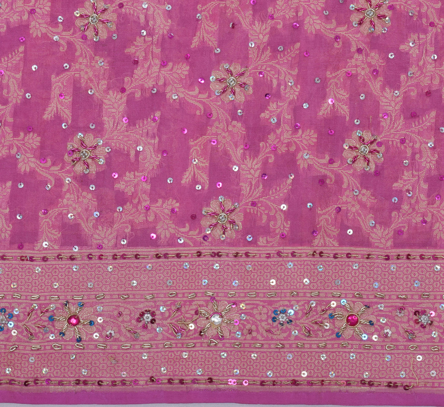 Sushila Vintage Pink Saree Pure Silk Hand Beaded Embroidered Woven Sari Fabric