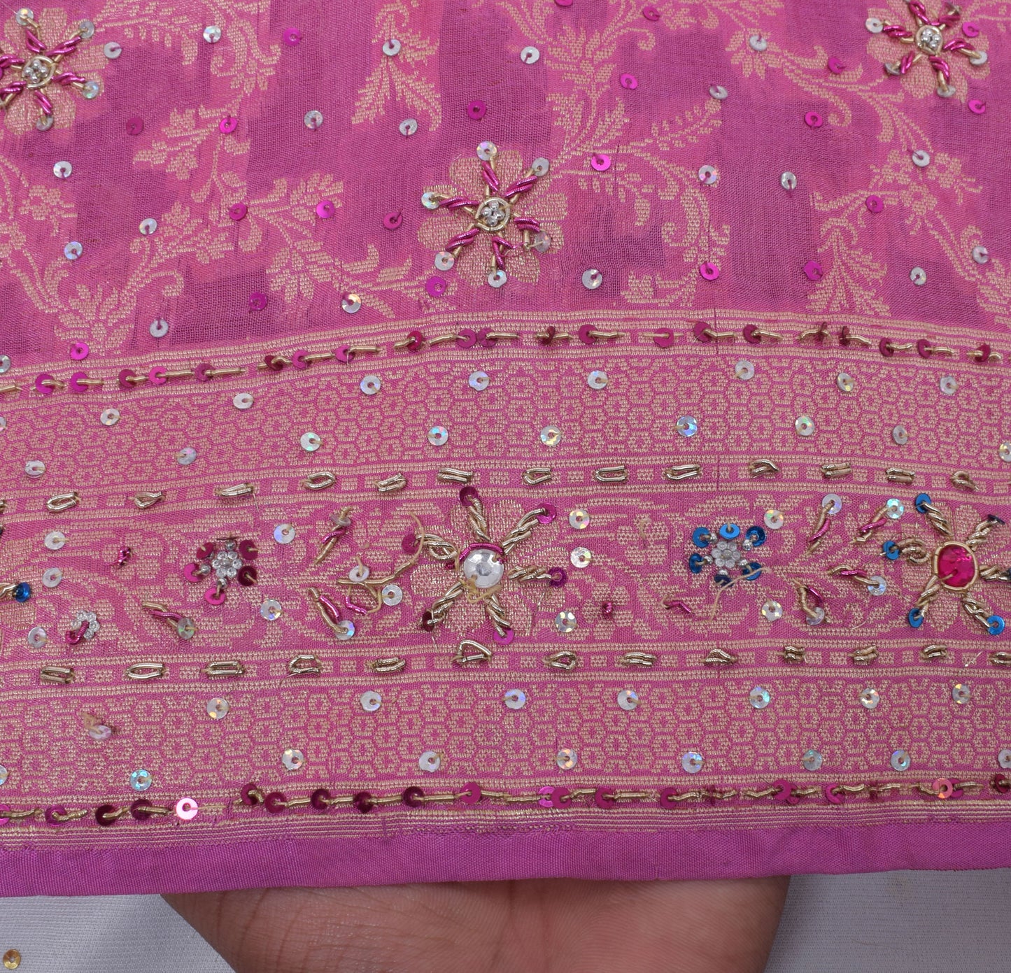 Sushila Vintage Pink Saree Pure Silk Hand Beaded Embroidered Woven Sari Fabric