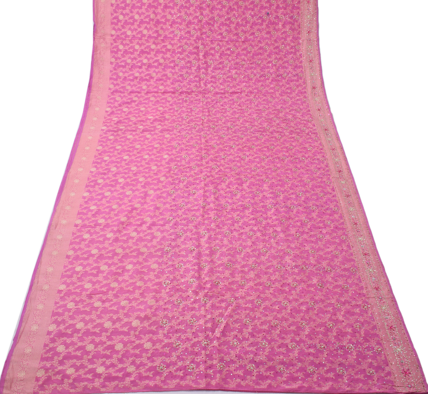 Sushila Vintage Pink Saree Pure Silk Hand Beaded Embroidered Woven Sari Fabric