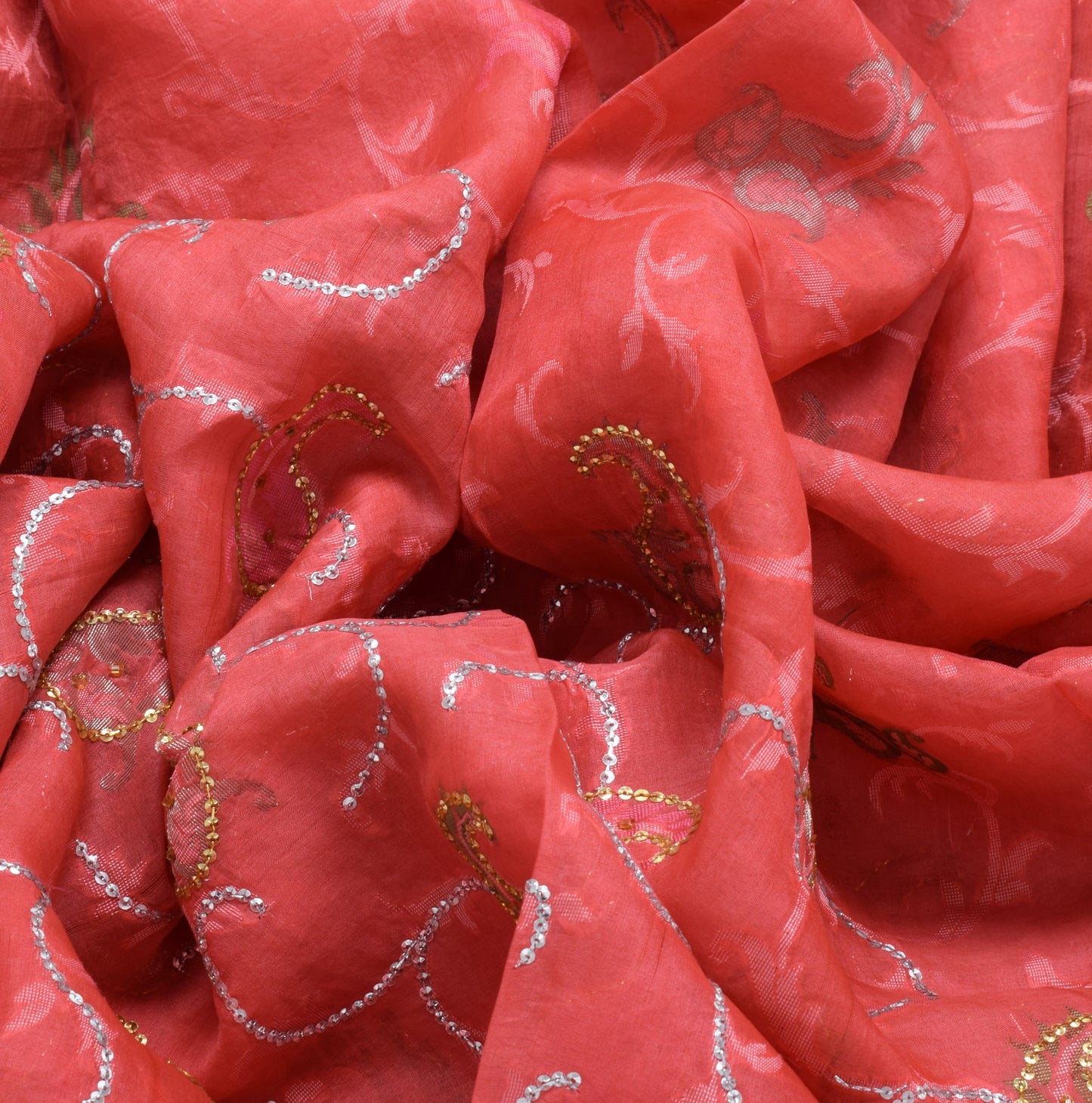 Sushila Vintage Peach Saree  Pure Silk Woven & Sequins Embroidered Sari Fabric