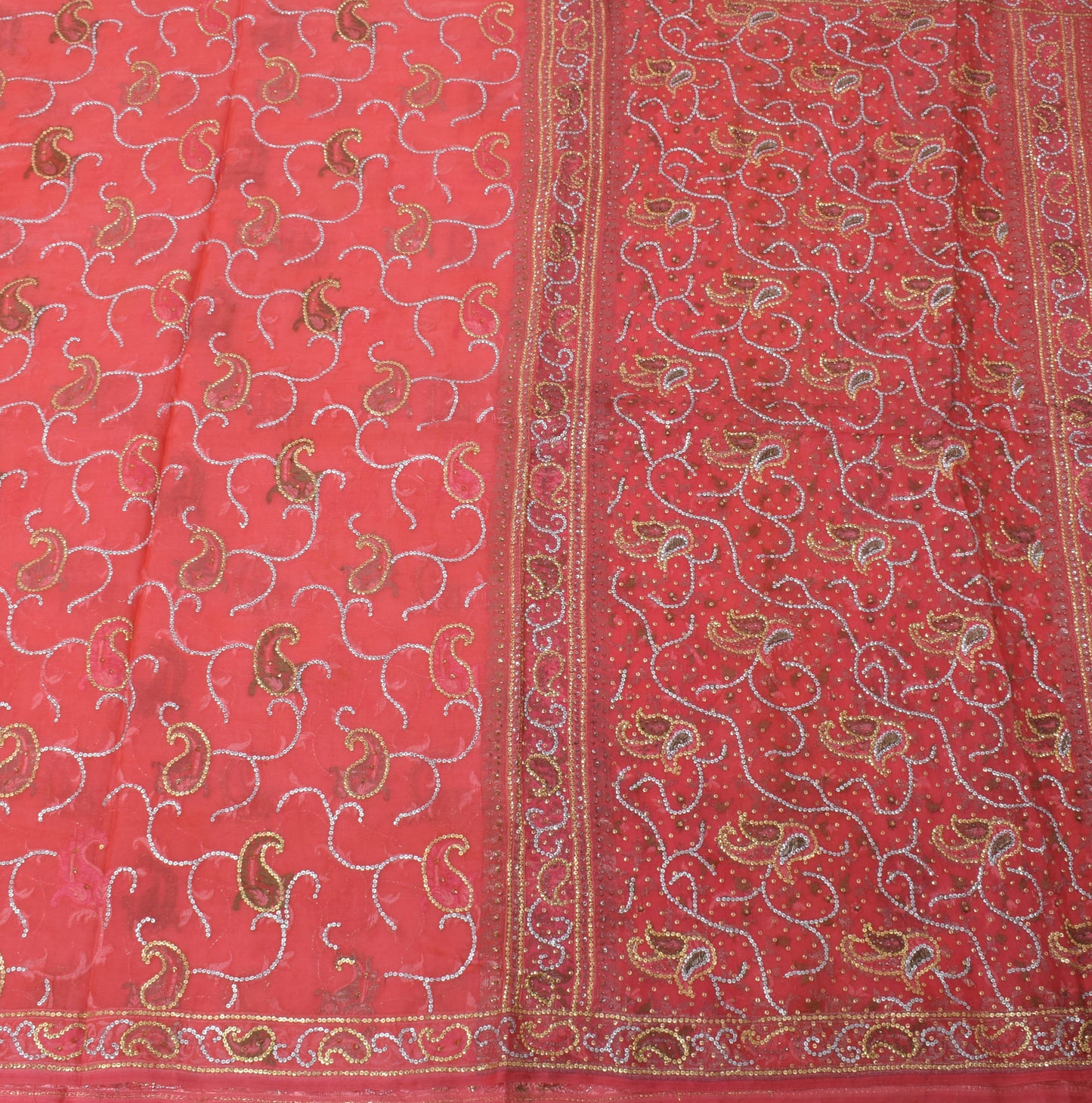 Sushila Vintage Peach Saree  Pure Silk Woven & Sequins Embroidered Sari Fabric
