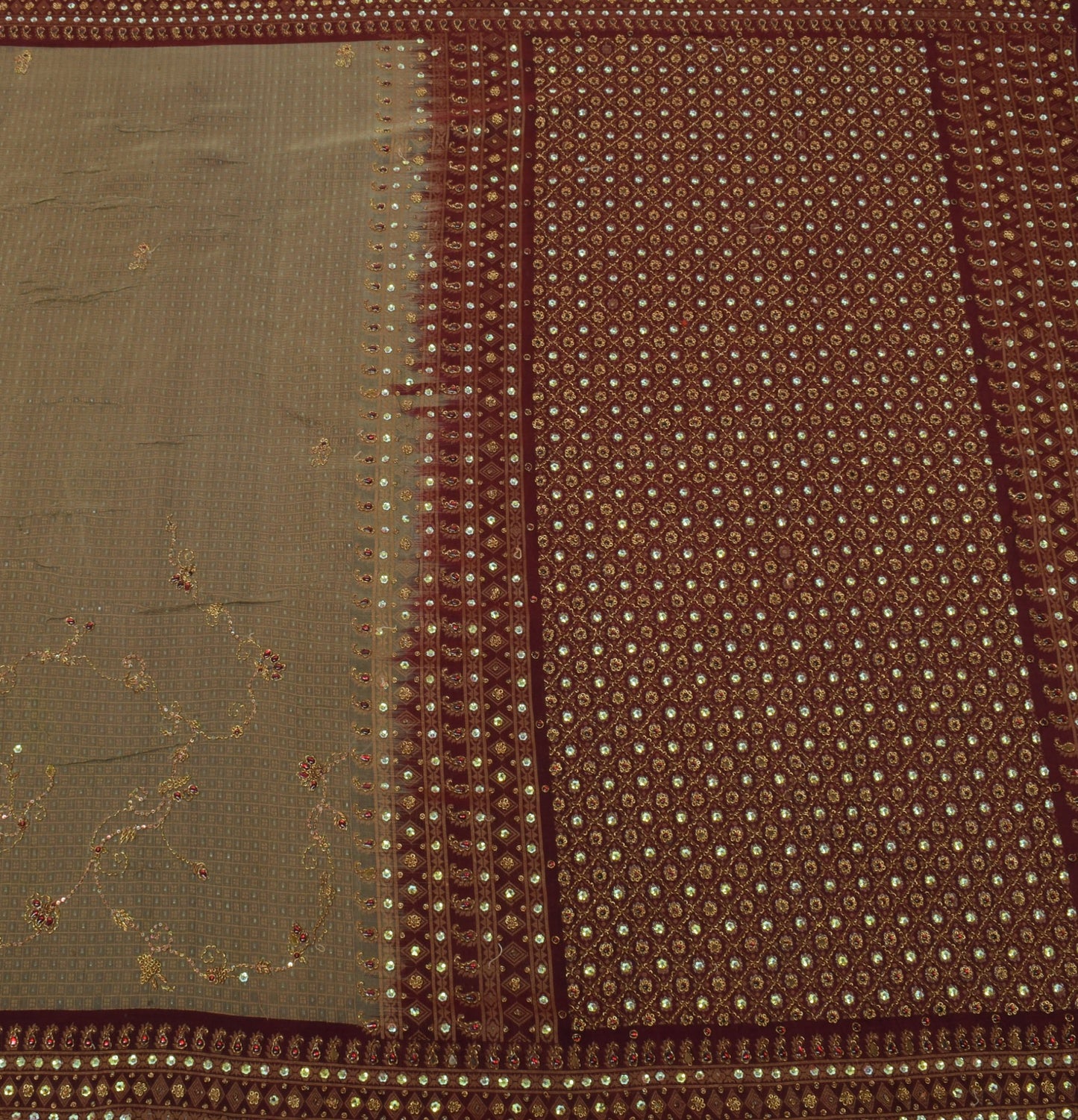 Sushila Vintage Gray HEAVY Sari Pure Silk Hand Beaded & Woven Floral Sari Fabric