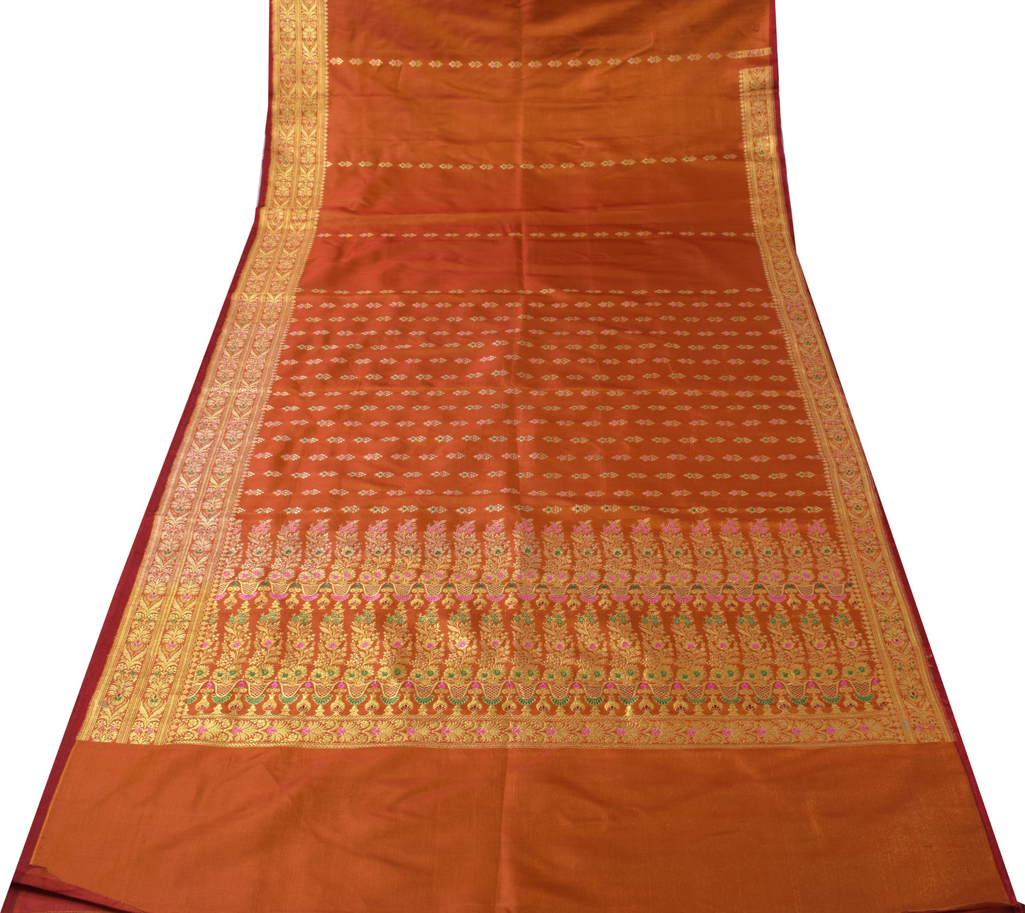 Sushila Vintage Rust Saree Blend Silk Zari Woven Banarasi Brocade Sari Fabric