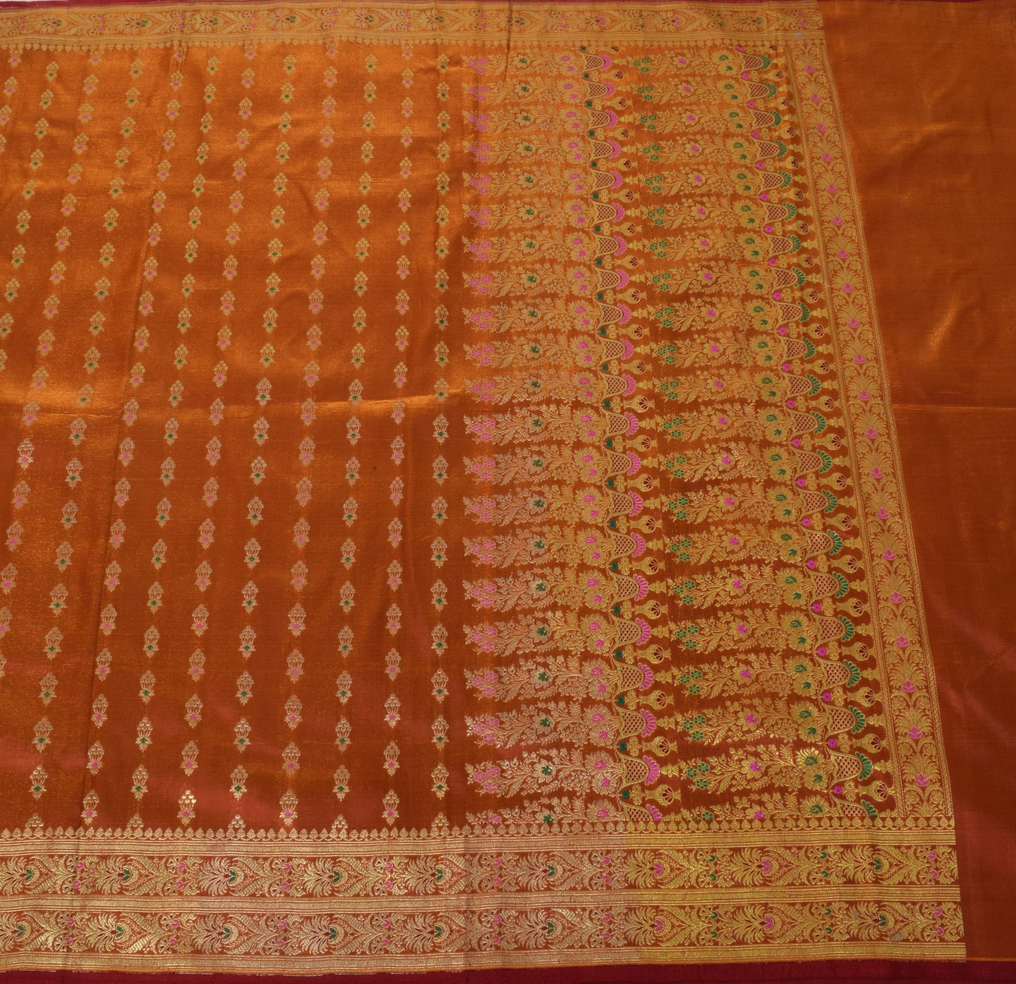 Sushila Vintage Rust Saree Blend Silk Zari Woven Banarasi Brocade Sari Fabric