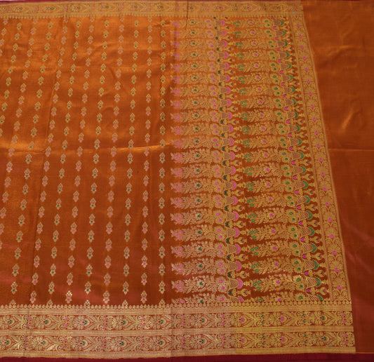 Sushila Vintage Rust Saree Blend Silk Zari Woven Banarasi Brocade Sari Fabric