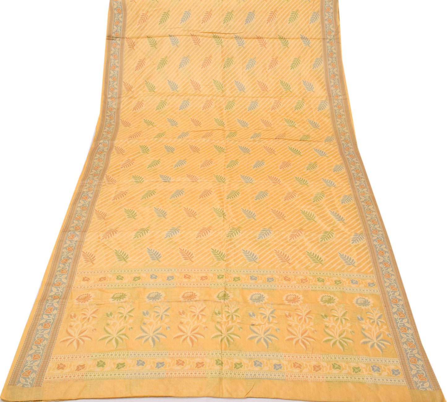 Sushila Vintage Yellow Sari Pure Silk Woven Floral Sari Decor 5 Yard Fabric