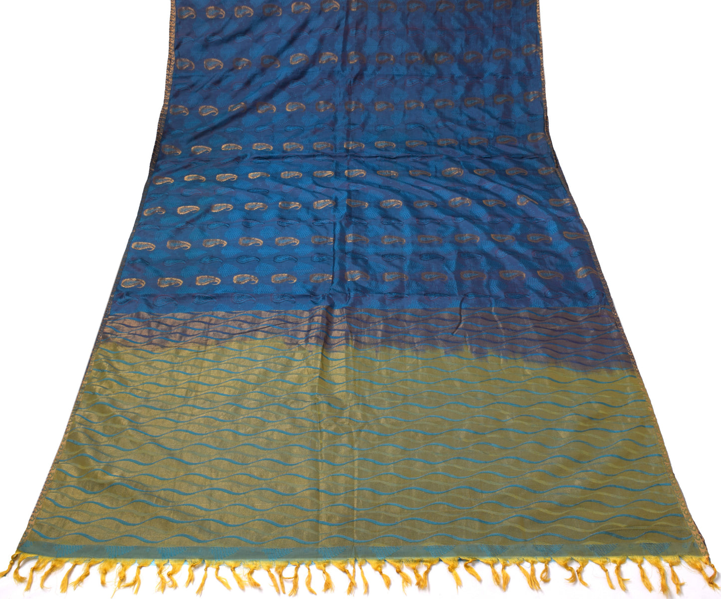 Sushila Vintage Blue Saree Blend Silk Self Woven Paisley Sari Decor 5YD Fabric