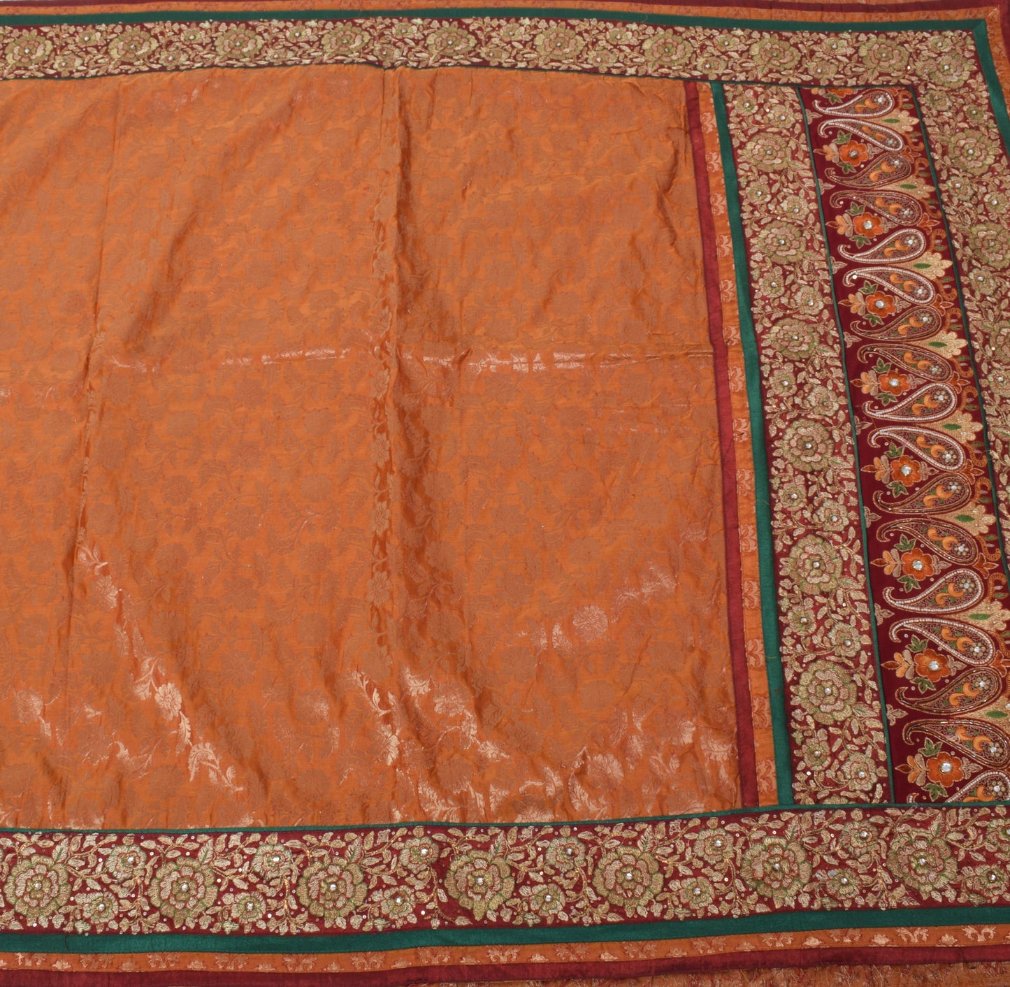 Sushila Vintage Rust Sari Blend Silk Woven, Embroidered Beaded Floral Fabric