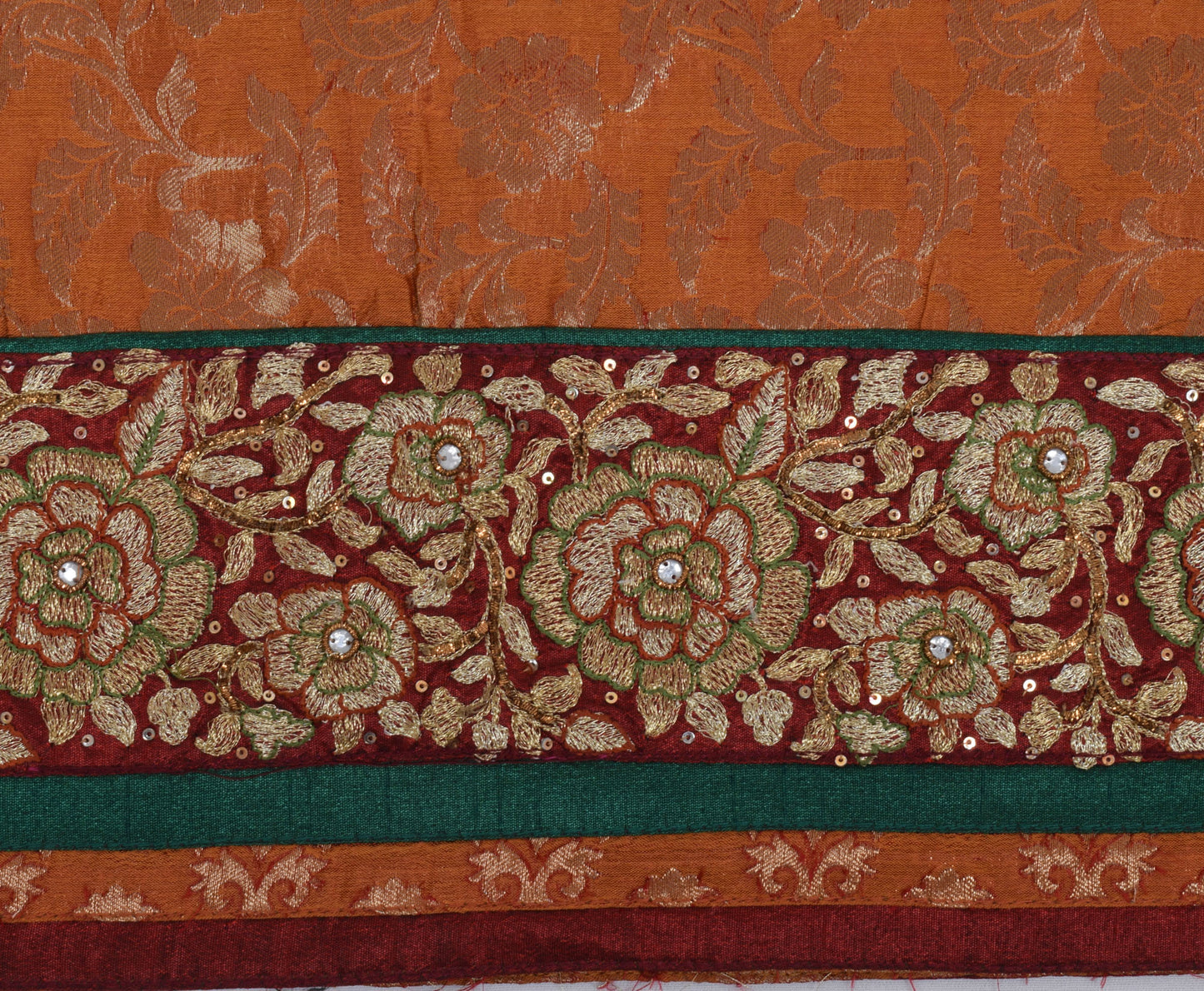 Sushila Vintage Rust Sari Blend Silk Woven, Embroidered Beaded Floral Fabric