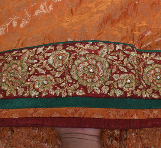 Sushila Vintage Rust Sari Blend Silk Woven, Embroidered Beaded Floral Fabric