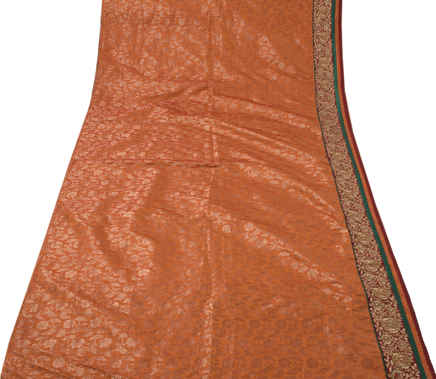 Sushila Vintage Rust Sari Blend Silk Woven, Embroidered Beaded Floral Fabric