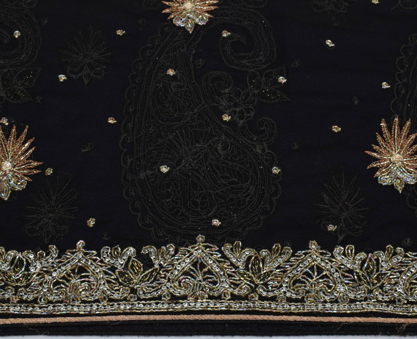 Sushila Vintage Black Saree Blend Georgette Silk Hand Beaded Glass Beads Fabric