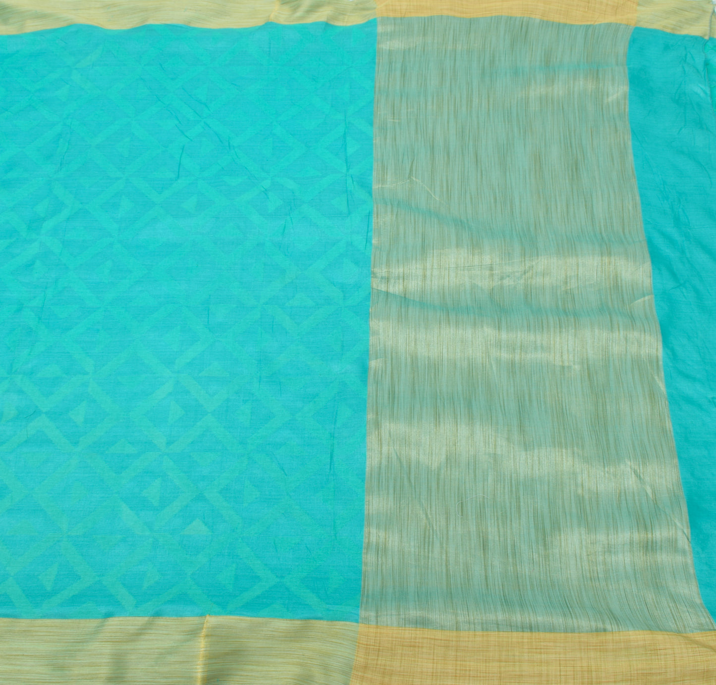 Sushila Vintage Green Blue Indian  Saree Blend Silk Woven Sari 5 Yard Fabric