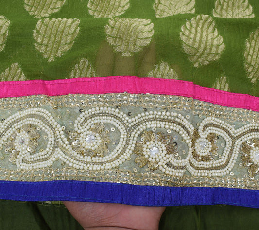 Sushila Vintage HEAVY Green Saree Pure Georgette Woven Beaded Pearl Sari Fabric