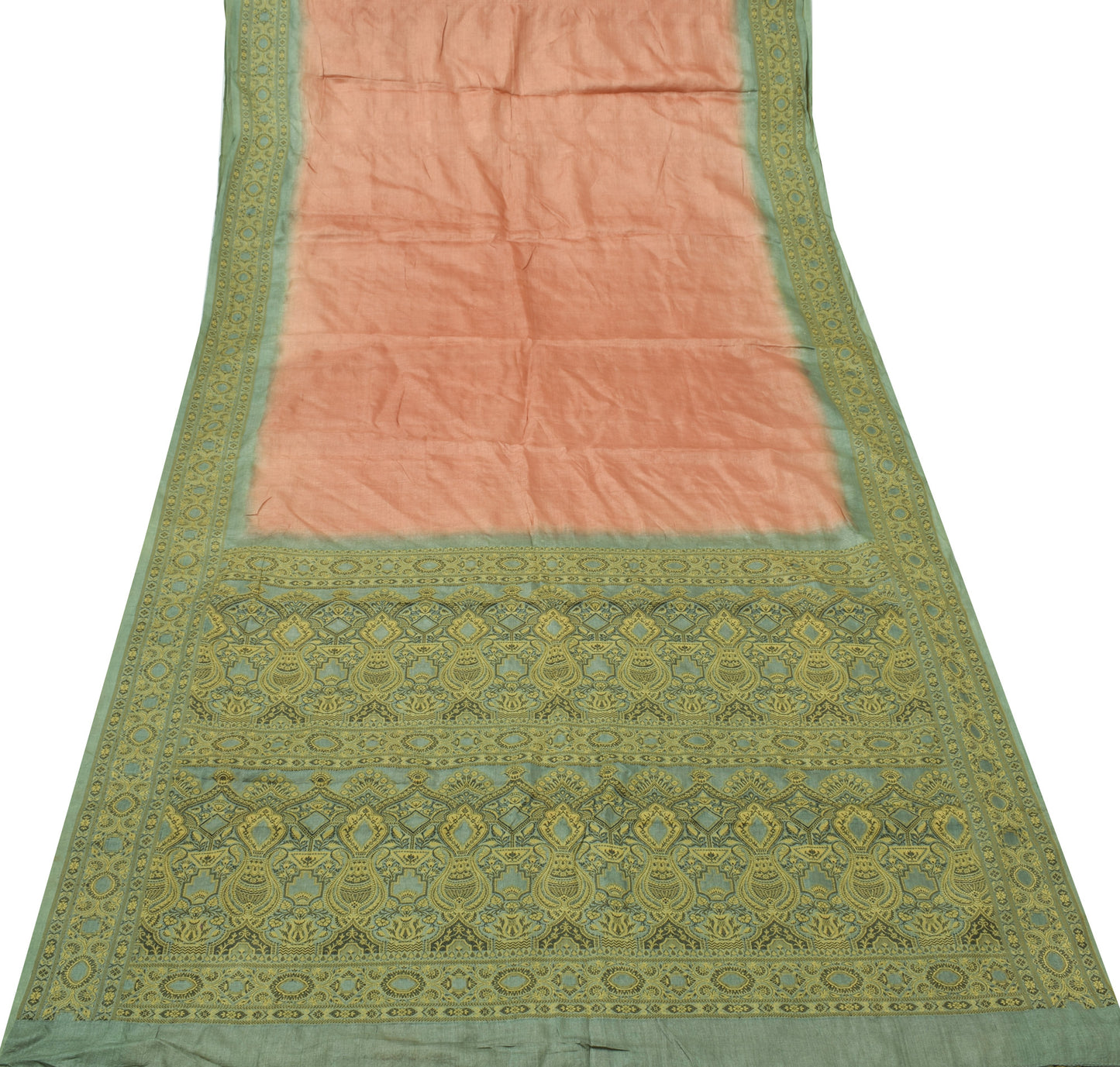 Sushila Vintage Peach Saree Pure Silk Woven Floral Sari Decor 5 Yard Fabric