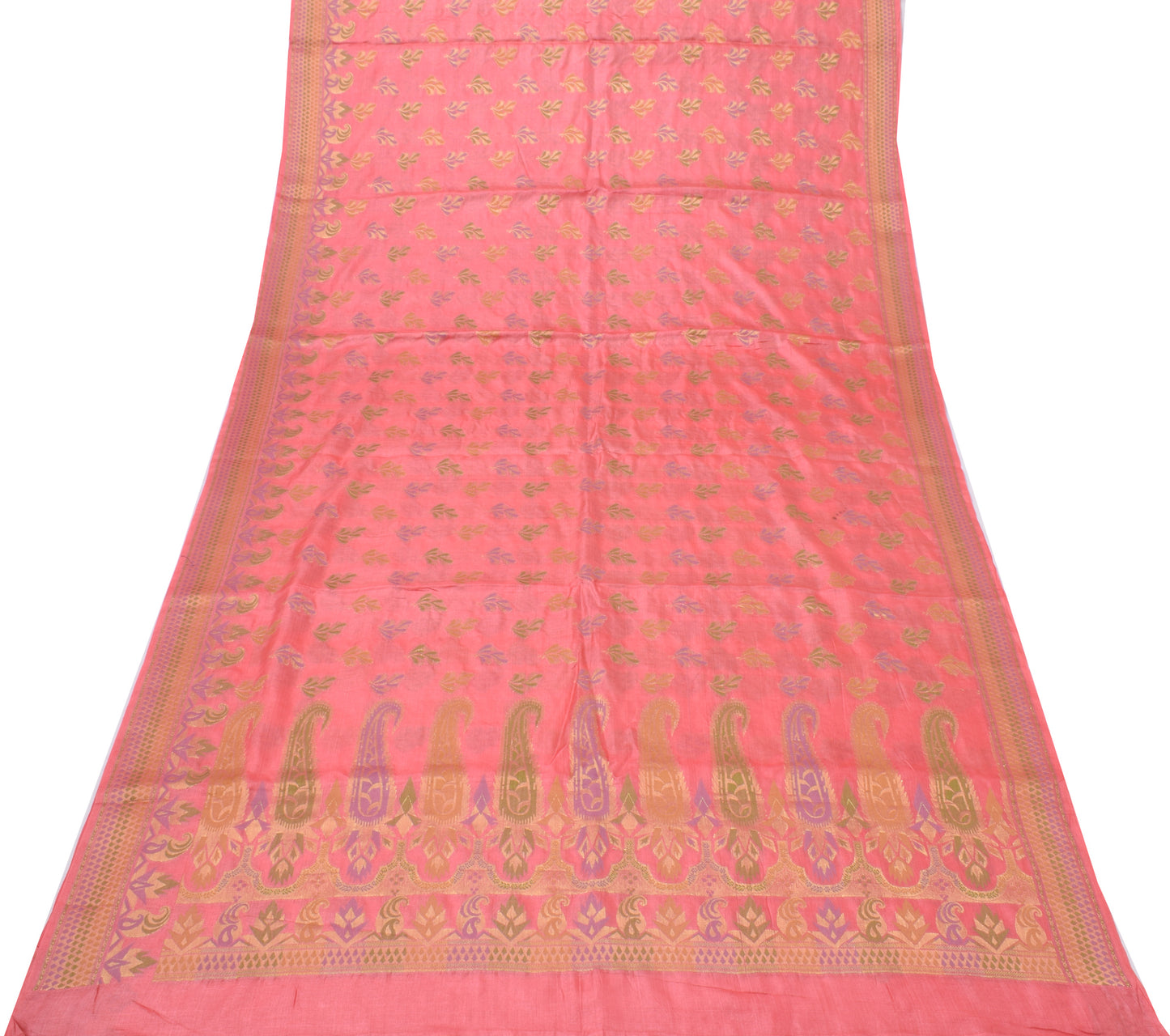 Sushila Vintage Peach Saree Pure Silk All Over Woven Paisley Sari Decor Fabric