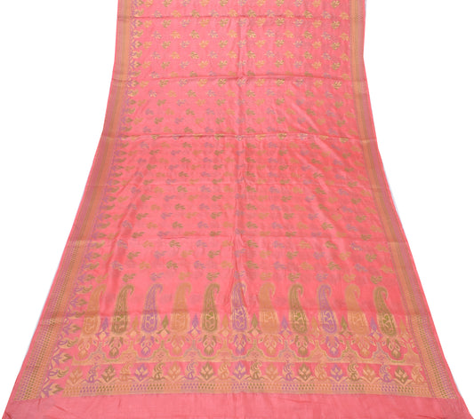 Sushila Vintage Peach Saree Pure Silk All Over Woven Paisley Sari Decor Fabric