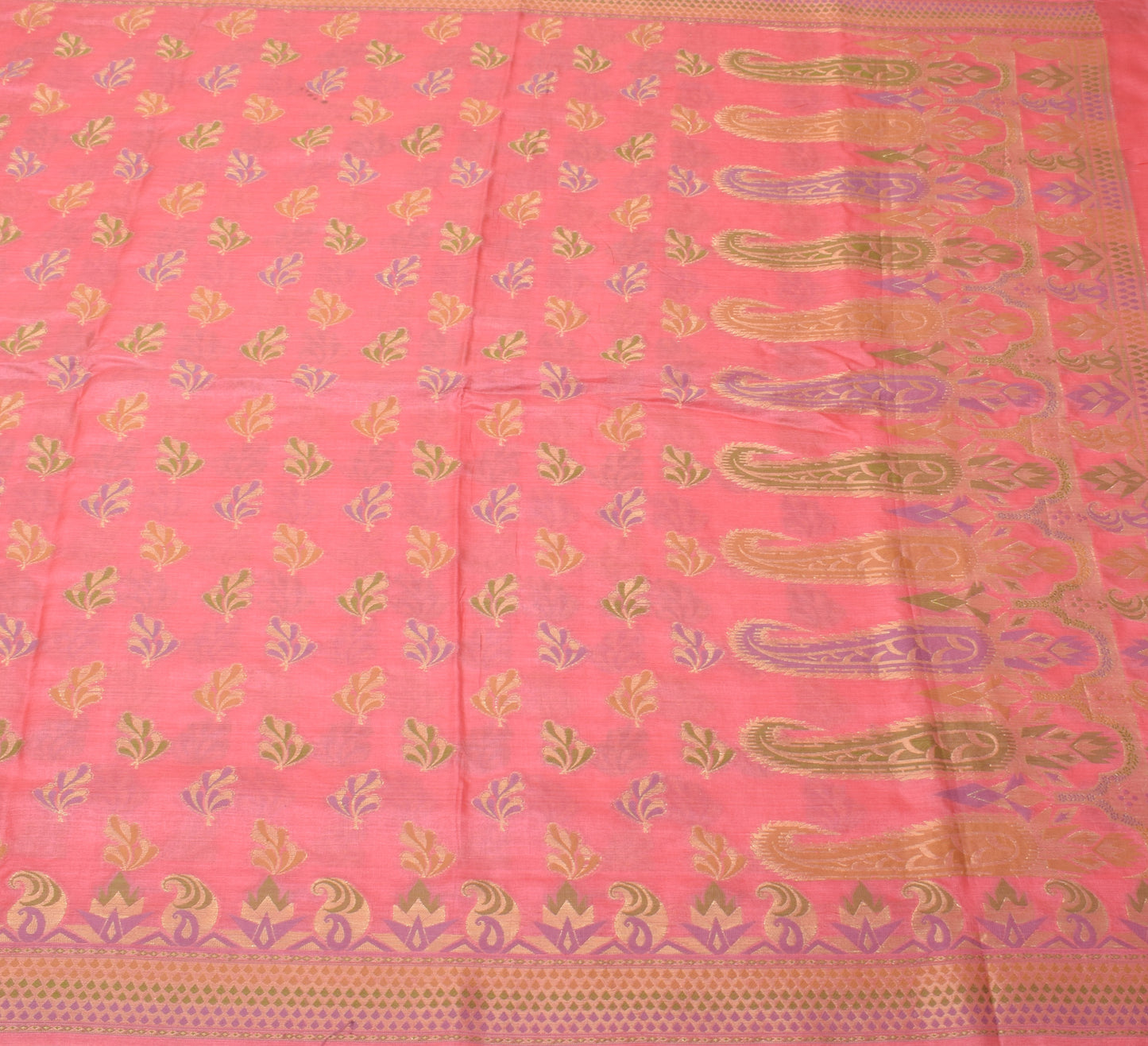 Sushila Vintage Peach Saree Pure Silk All Over Woven Paisley Sari Decor Fabric