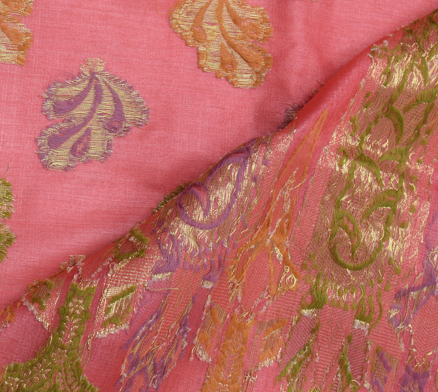 Sushila Vintage Peach Saree Pure Silk All Over Woven Paisley Sari Decor Fabric