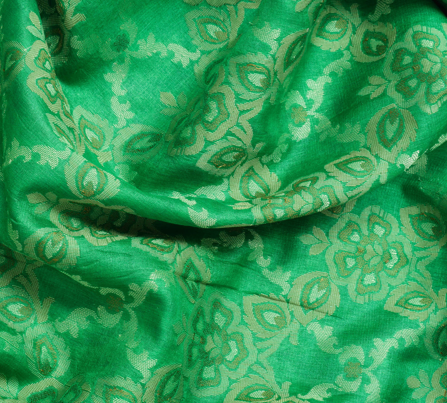 Sushila Vintage Green Saree Pure Silk All Over Woven Floral Sari Decor Fabric